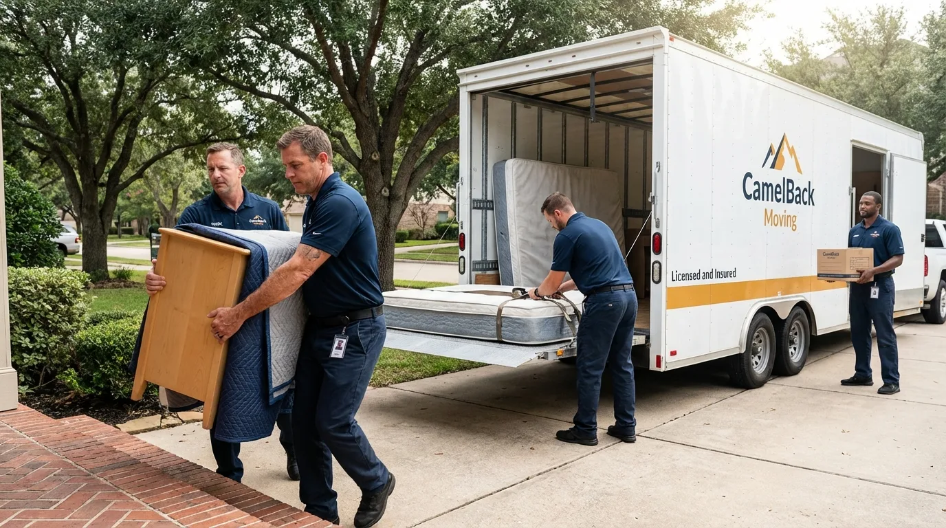 Crew loading residential truck for cross-state move from Grand Prairie, TX