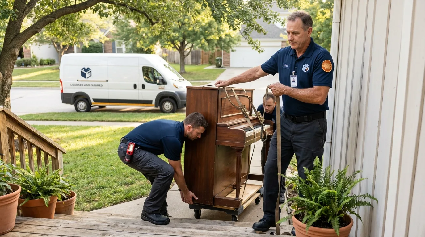 Licensed piano movers securing grand piano in Grand Prairie, TX