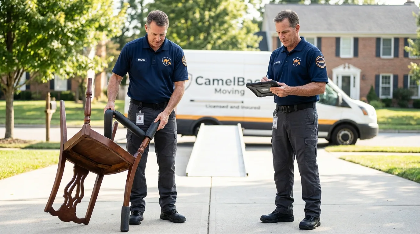 Movers inspecting furniture for damage prevention before loading in Grand Prairie, TX