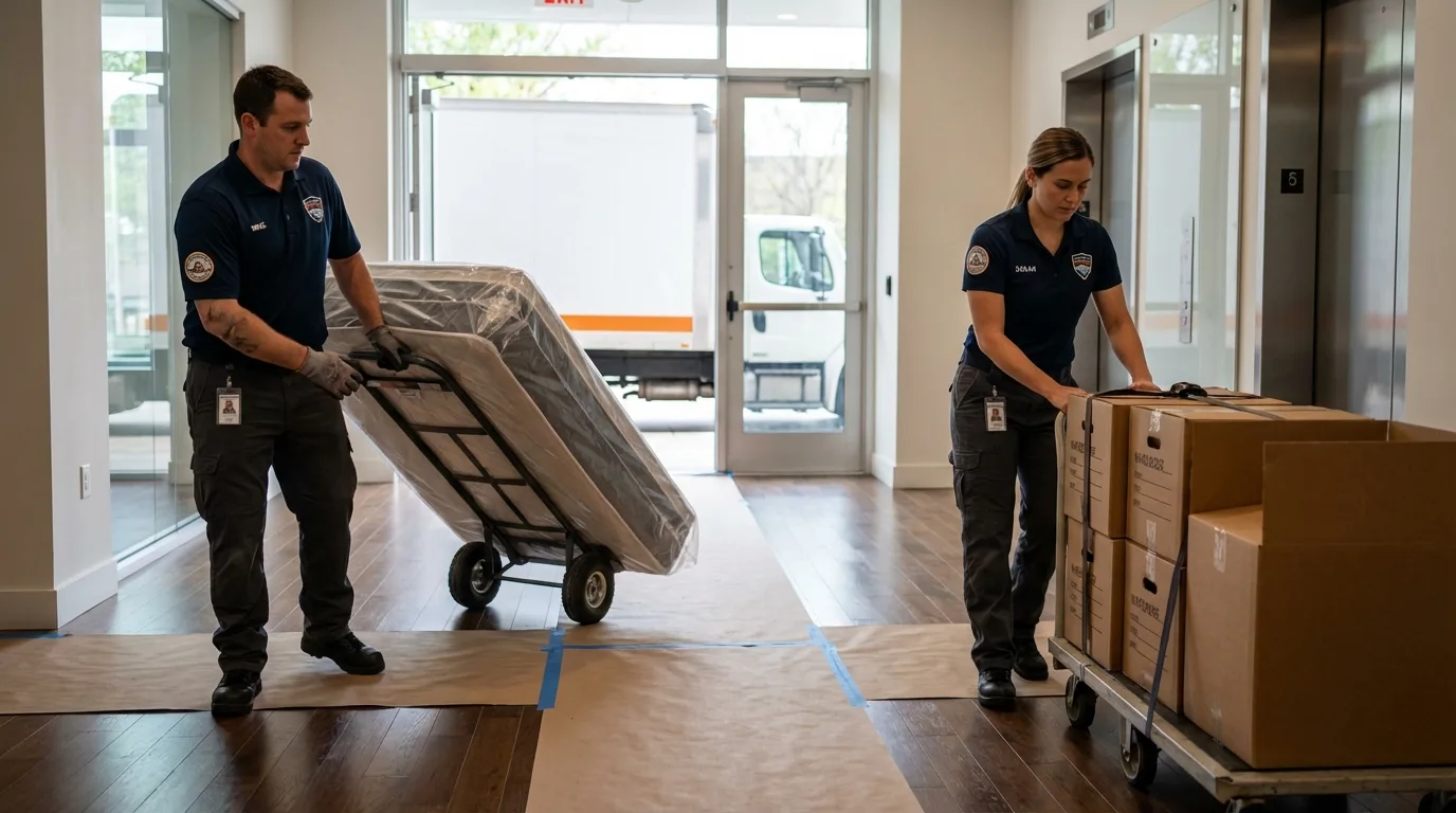 Professional apartment movers loading elevator in Grand Prairie, TX