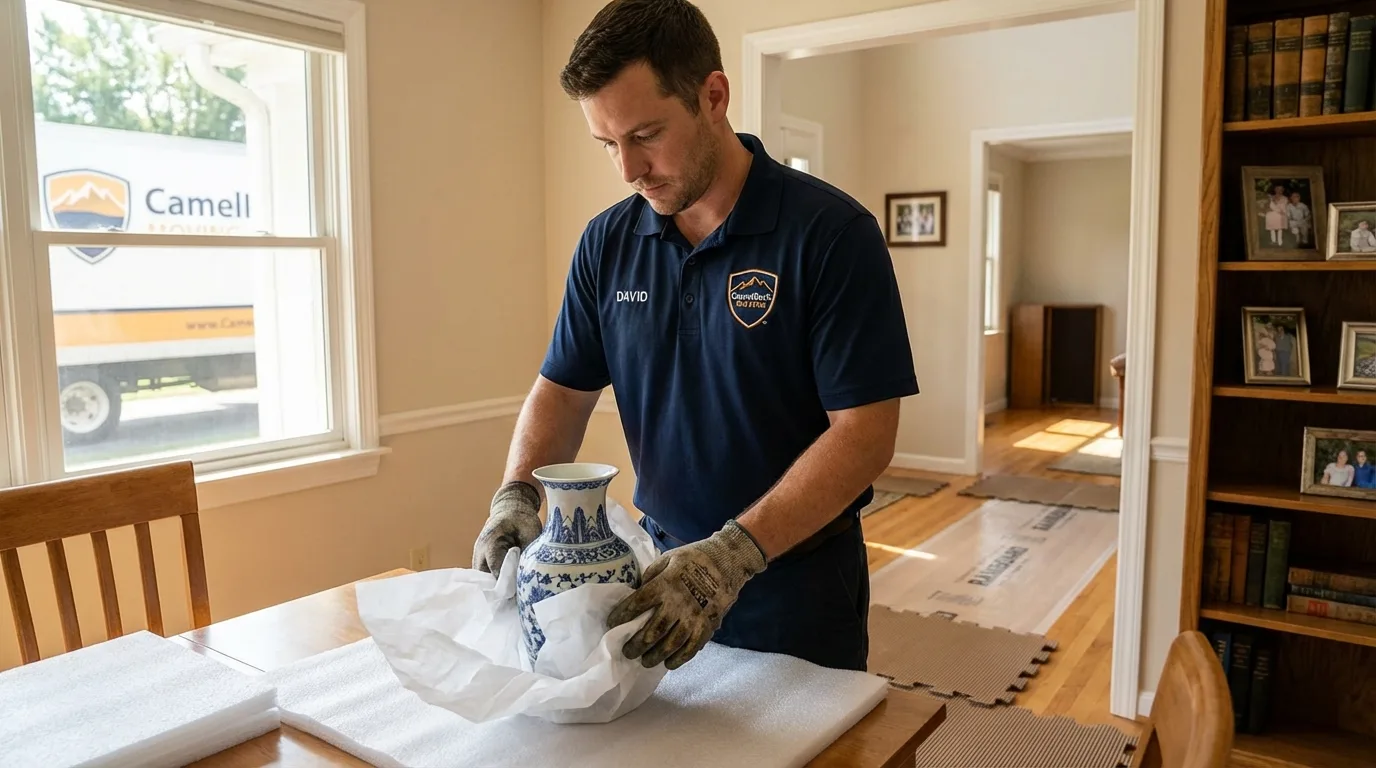 Professional crew carefully wrapping antique vase for senior downsizing move in Grand Prairie, TX